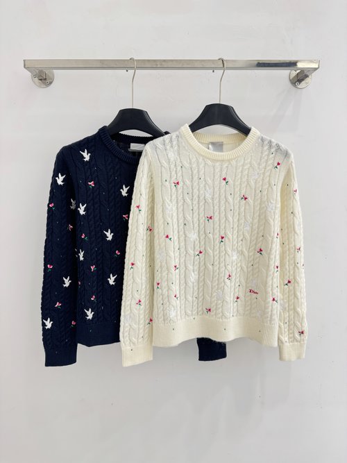 Dior Embroidered Bird and Flower Round Neck Long - Sleeve Knit Top, Classic Style