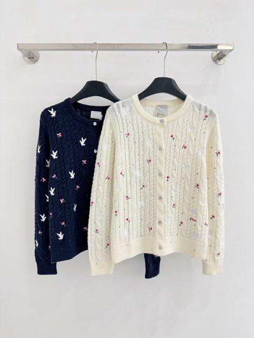 Dior Embroidered Bird and Flower Long - Sleeve Cardigan, Elegant Style
