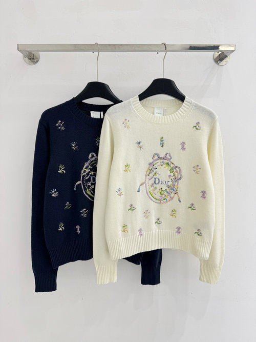 Dior Embroidered Round Neck Long Sleeve Knit Sweater