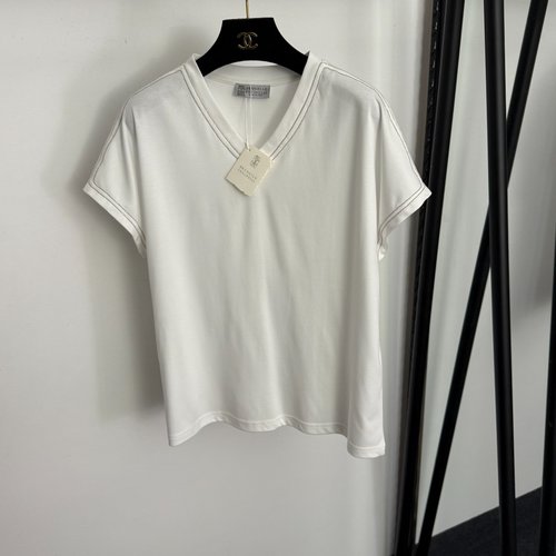 Loewe Beaded V-Neck Drop-Shoulder Short-Sleeve Cotton T-Shirt