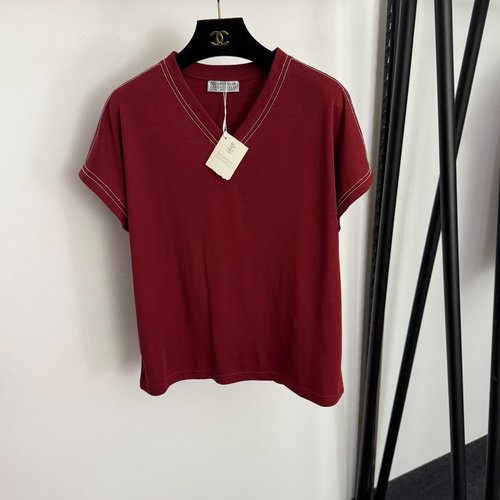 Loewe Beaded V-Neck Drop-Shoulder Short-Sleeve Cotton T-Shirt