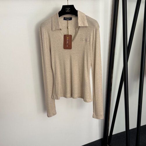 Loro Piana Logo Embroidered Collar Long Sleeve T-Shirt with Slim Fit