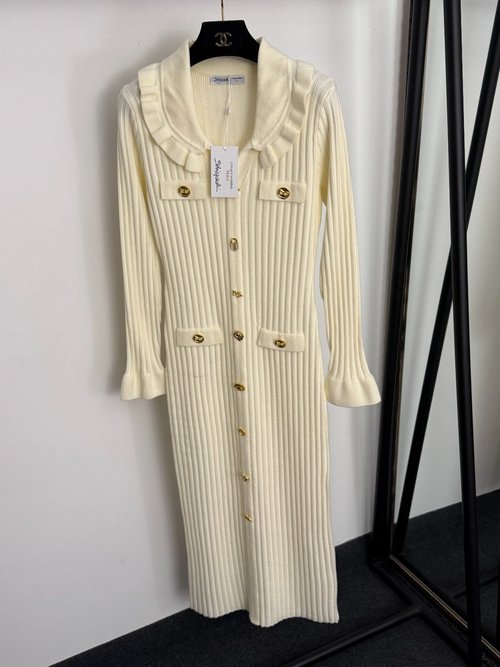 Schiaparelli Knit Long-Sleeve Dress with Gold Buttons in Multiple Colors