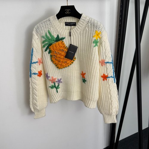 Dolce & Gabbana Beige Pineapple Crochet Embroidered Knitted Sweater