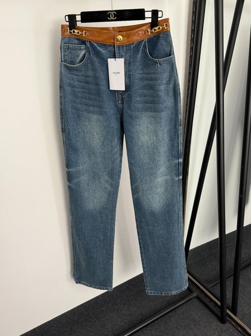 Celine Leather-Trimmed High-Waist Slim Jeans with Metal Buckle