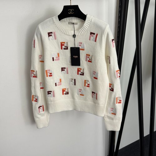 Fendi Colorful F Embroidery Letter Long-Sleeve Knit Pullover in Multiple Colors