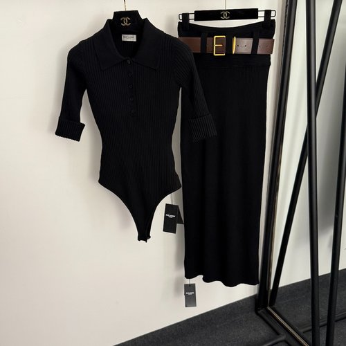 Yves Saint Laurent Half-buttoned Collared Slim Short-sleeved Knit Top with High-waist Slit Skirt Set