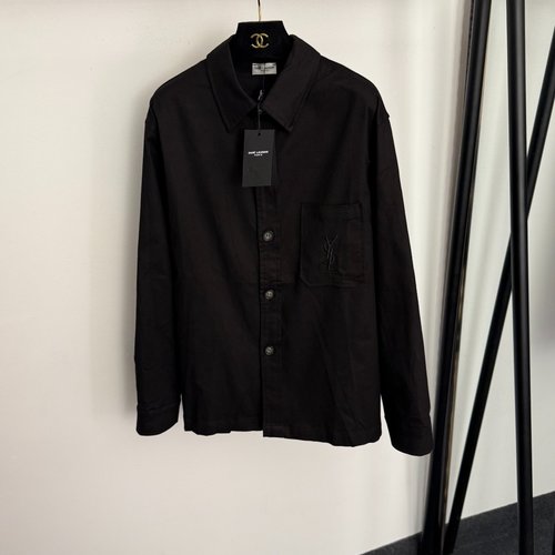 Yves Saint Laurent Logo-Embroidered Single-Pocket Long-Sleeve Shirt in Black and Khaki