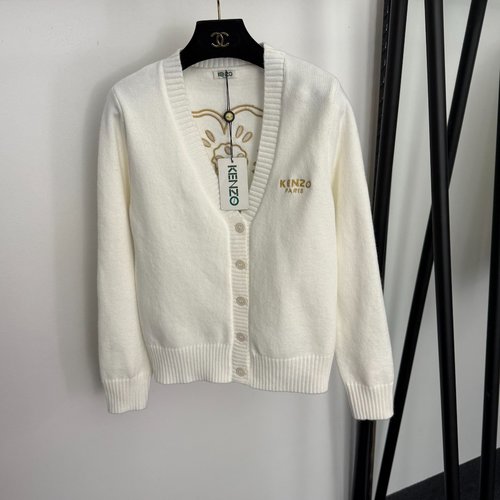 Kenzo Elegant Letter and Flower Embroidery V-Neck Long-Sleeve Knit Cardigan in White and Red