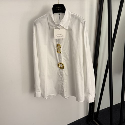 Schiaparelli Classic New Metal Keyhole Pin Collared Long Sleeve Shirt