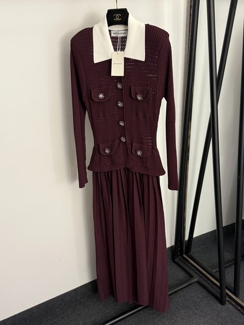 Self-Portrai Self-Portrait Rhinestone-Buttoned Ruffled Waist Pleated Dress