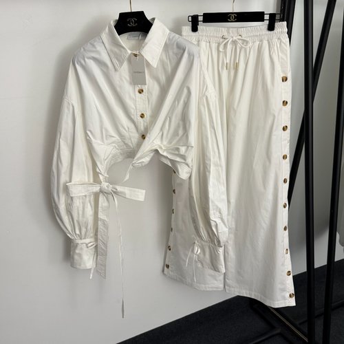 Zimmermann White Bow Tie Set with Lantern Sleeves and Wide-Leg Trousers