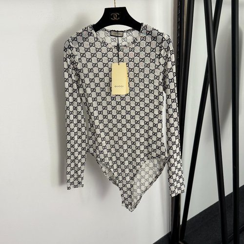 Gucci New Flocked GG Letter Studded Long Sleeve Jumpsuit in White and Black