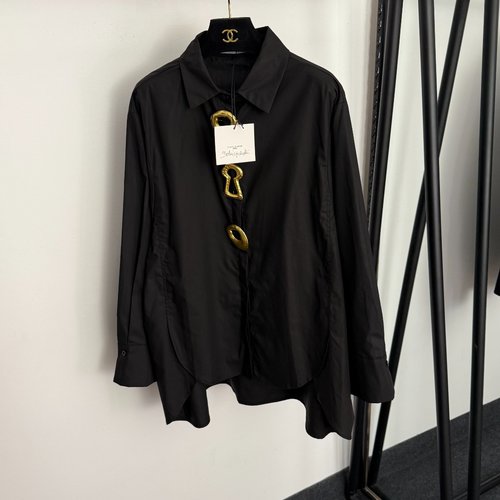 Schiaparelli New Asymmetric Metal Button Decorated Long-sleeved Shirt in White, Brown and Black