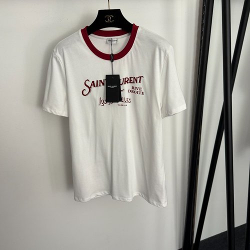 Yves Saint Laurent Printed Color-Blocked Round-Neck Short-Sleeve T-Shirt in White and Black