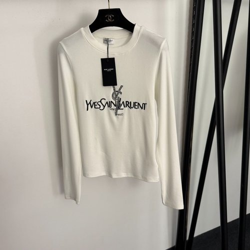 Yves Saint Laurent White and Black Sequin Letter Embroidery Cotton Long Sleeve T - Shirt