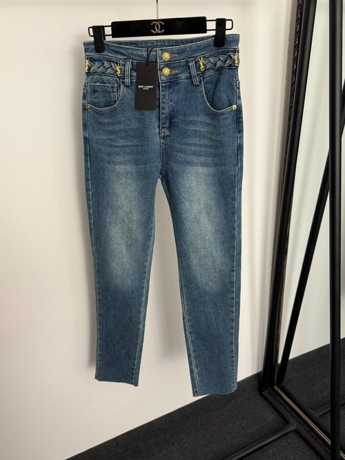 Yves Saint Laurent Double Waistband Twisted Blue Denim Jeans for Slim Fit