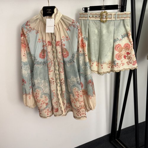 Zimmermann Light Green Floral Print Linen Set with Shorts