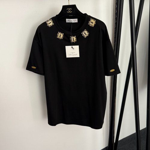 Schiaparelli Casual Short Sleeve T-Shirt with Pearl-Encrusted Buttons