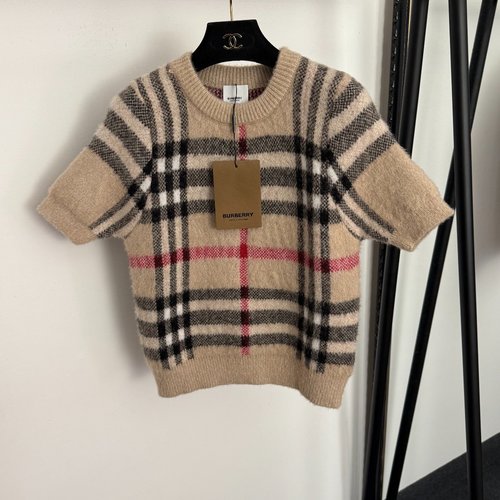 Burberry Color-Blocked Checked Short-Sleeve Wool Knit Top, Khaki