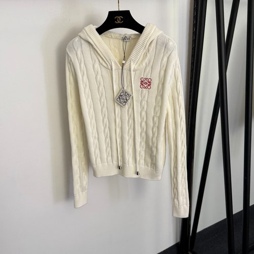 Loewe White Chest Logo-Embroidered Hooded Wool Knit Sweater