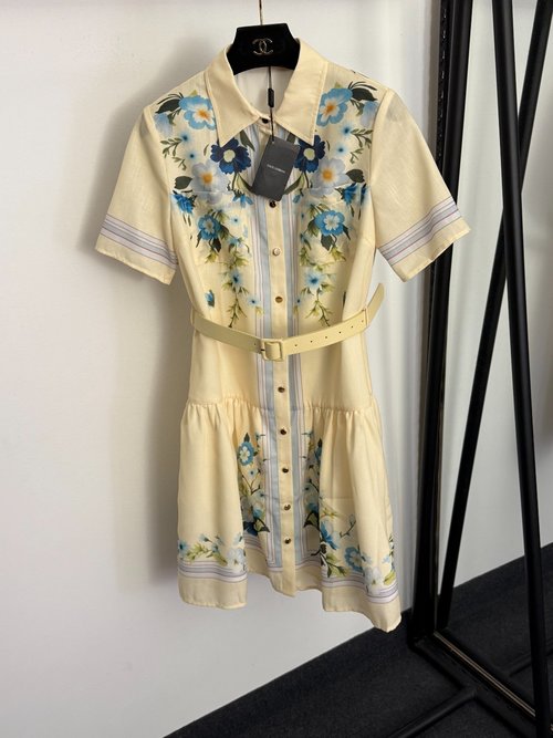 Dolce & Gabbana Graceful Floral Printed Waist-Cinched Short Sleeve Shirt Dress