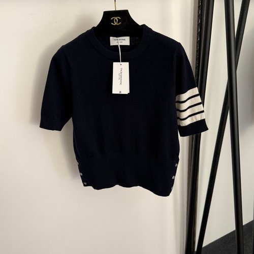 Thom Browne Navy Blue Short-Sleeved Wool Knit Top with Pony Pattern and Stripes