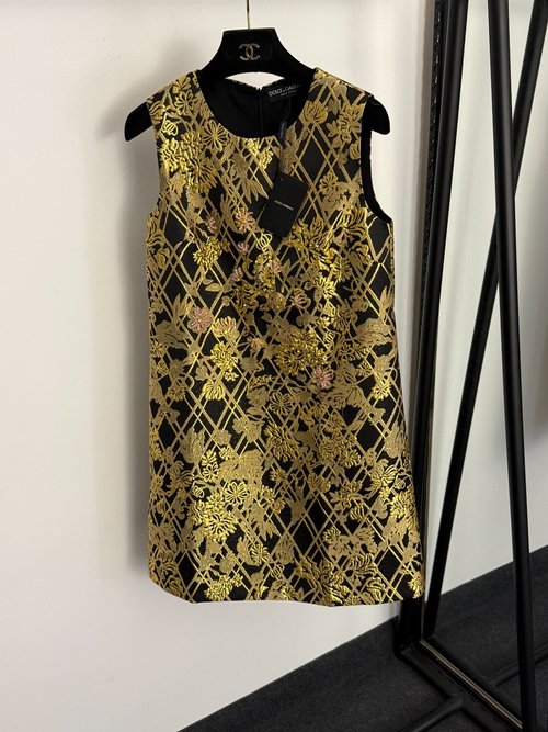 Dolce & Gabbana Heavy-Duty Gold Rhinestone Jacquard Sleeveless Dress