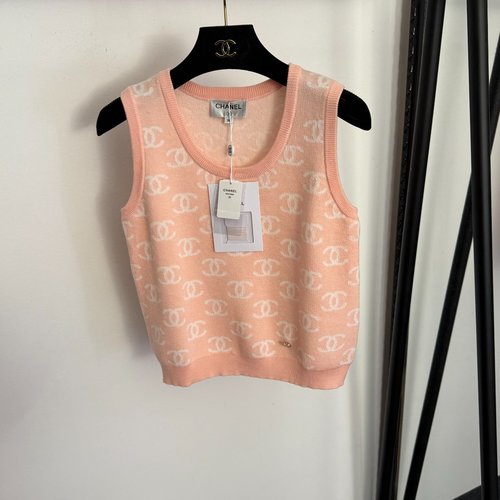 Chanel Tweed Logo Wool Knit Vest in Pink