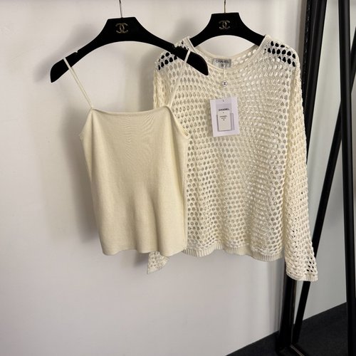 Chanel Tweed Logo Embroidery Hollow Long-Sleeved Knit Top in 2 Colors