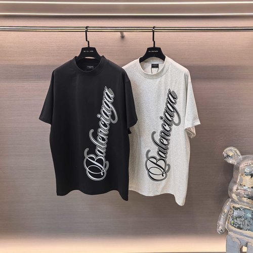 Balenciaga Embroidered Logo Short Sleeve Tee in Heather Grey & Black