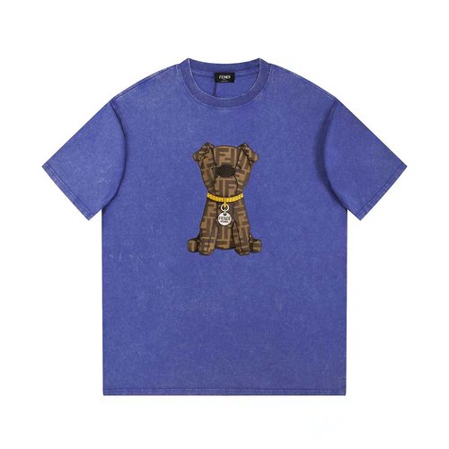 Fendi Water-washed Short Sleeve T-shirt with Dog Print