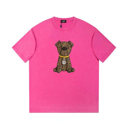 Fendi Cotton Wash T-Shirt with Dog Print and Dual F Logo