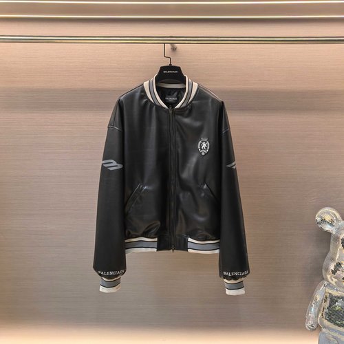 Balenciaga Football Series Heavy Embroidery Leather Baseball Jacket