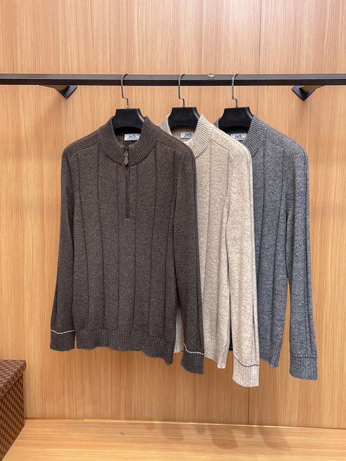 Hermes Luxury Cashmere Knit Sweater with Custom Ribbed Collar