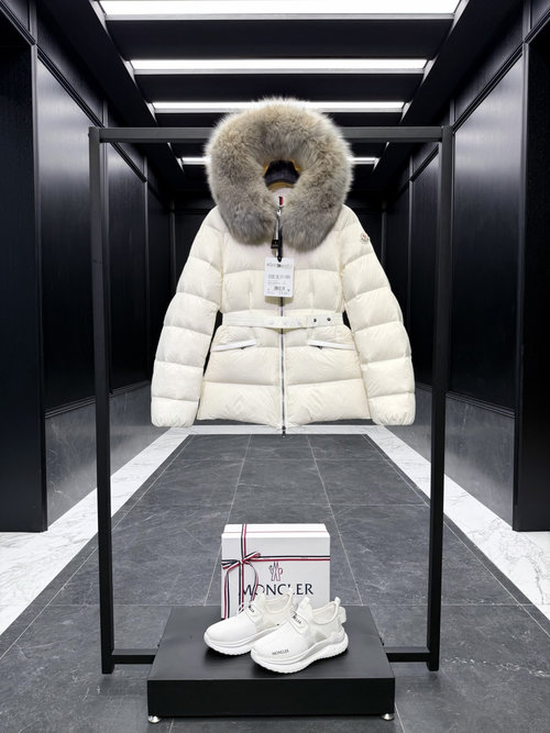 Moncler Fur-Trimmed Hooded Down Jacket with Belt