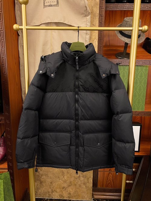 Gucci Waterproof Nylon Hooded Down Coat with GG Pattern