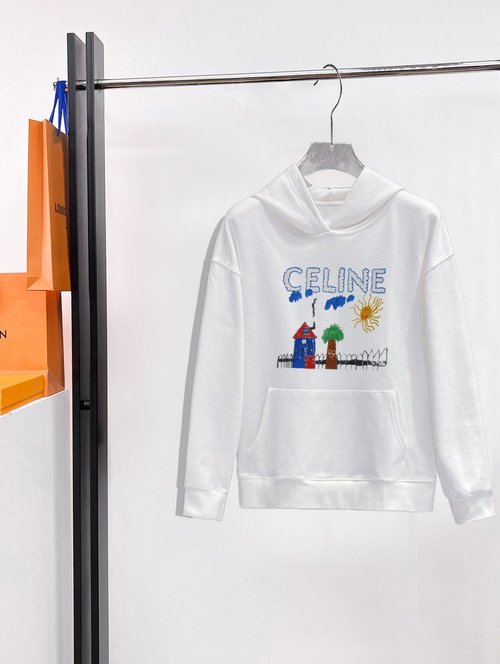 Celine Double-layer Cotton T-shirt with Kangaroo Pocket and Letter Print