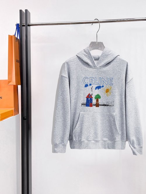 Celine Double-layer Sweatshirt with Kangaroo Pocket and Letter Print