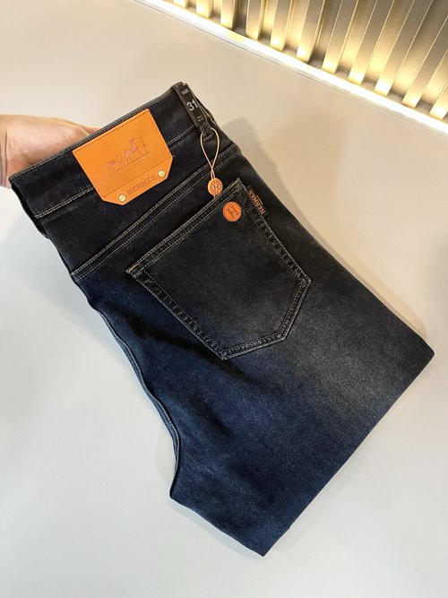 Hermes Denim Straight-Leg Jeans with Logo Design