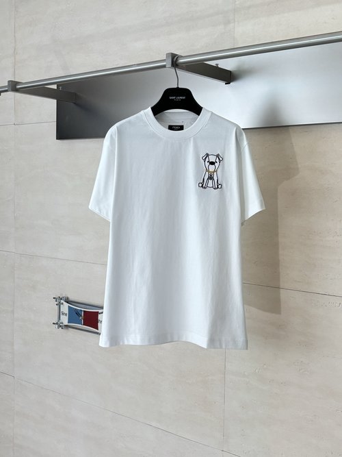 Fendi Solid - Color Cotton Embroidered Puppy T - Shirt