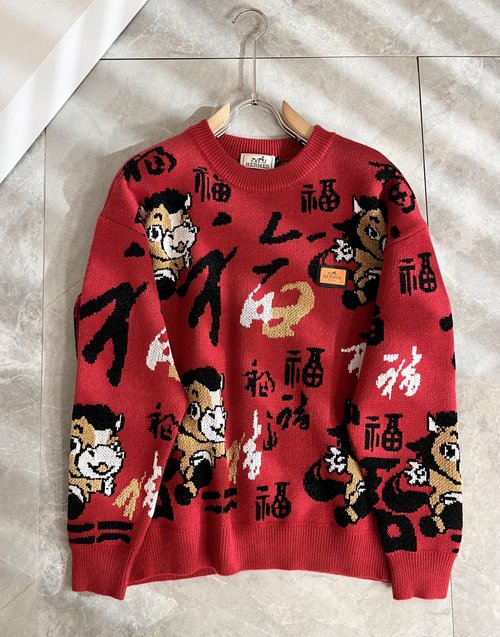 Hermes Christmas Red Knitted Wool Sweater with Logo