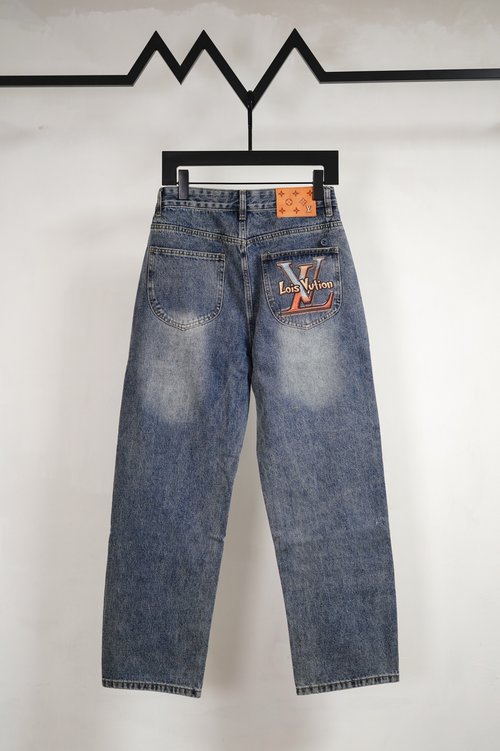 Louis Vuitton Cartoon Logo Print Straight-Leg Jeans with Quality Wash