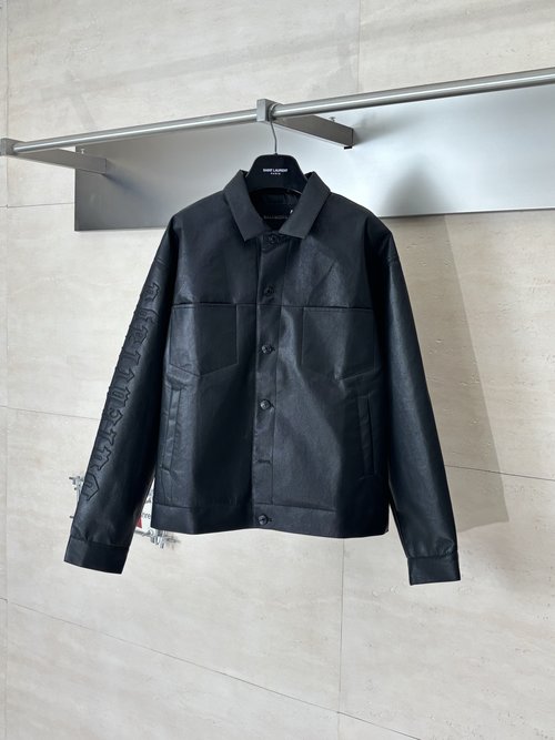 Balenciaga Arm Embroidered Leather Jacket with Single Button