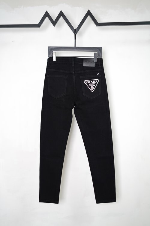 Prada Triangle Logo Elastic Waist Denim Jeans with Custom Fittings