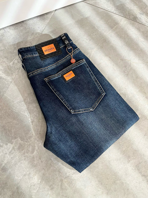 Hermes Premium Denim Straight-leg Jeans with Logo Design