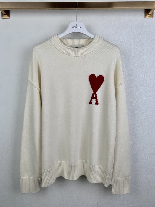 Ami Wool - Cotton Blend Sweater with Red Embossed Pattern
