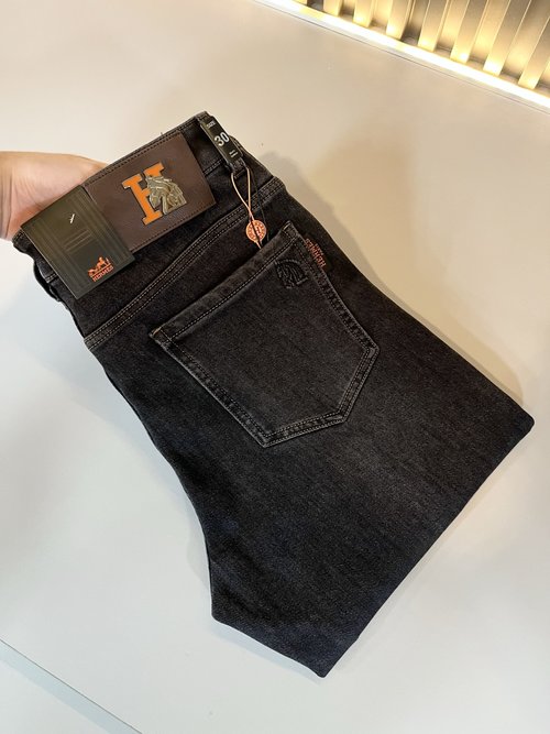 Hermes Premium Denim Straight Jeans with Logo Design