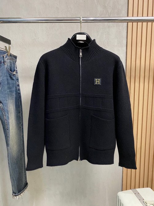 Hermes Classic Open-front Wool Sweater with Logo