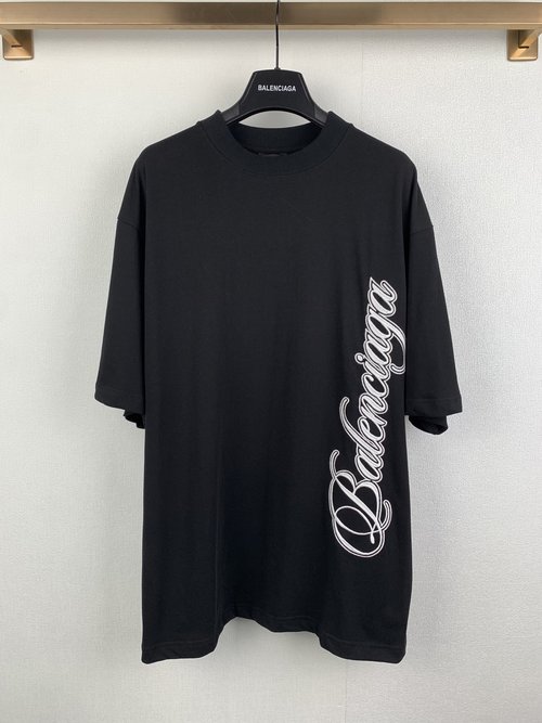 Balenciaga Cotton Short Sleeve T-shirt with Calligraphy Embroidery